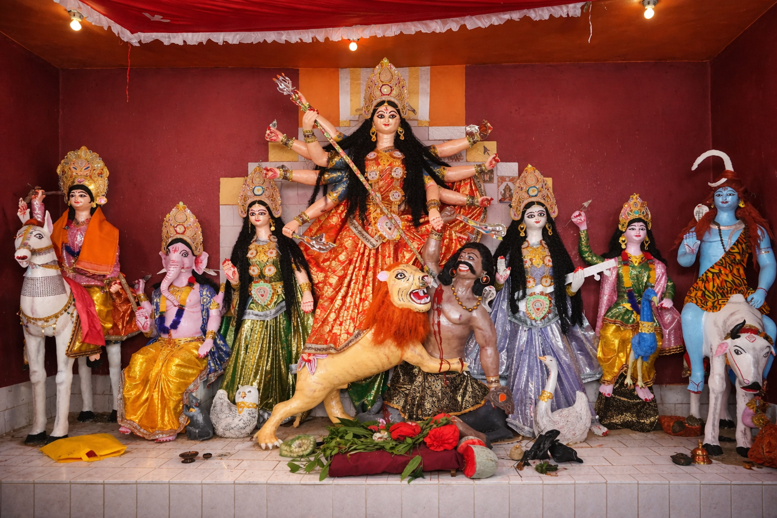 Majestic statue of Goddess Durga adorned with traditional ornaments and flowers, radiating divine power and grace